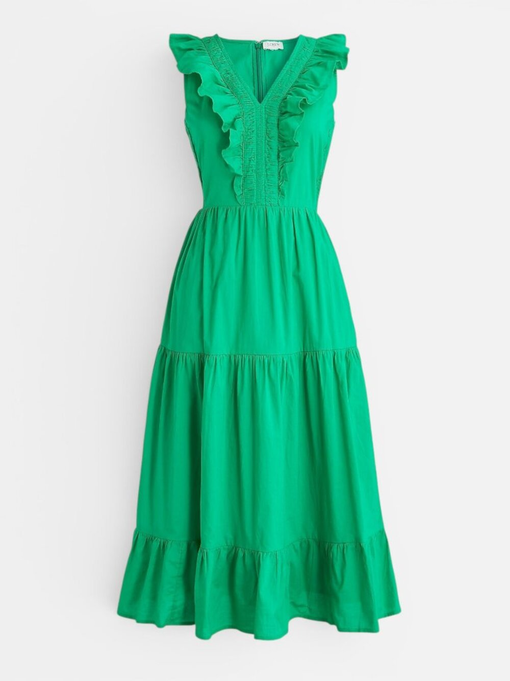 J.Crew Green Ruffle V Neck Smocked Cotton Midi Dress 14